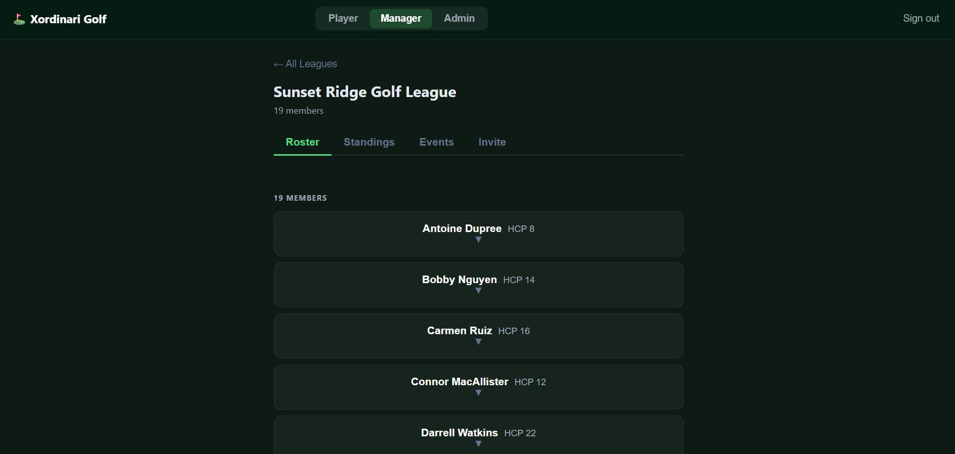 League manager dashboard